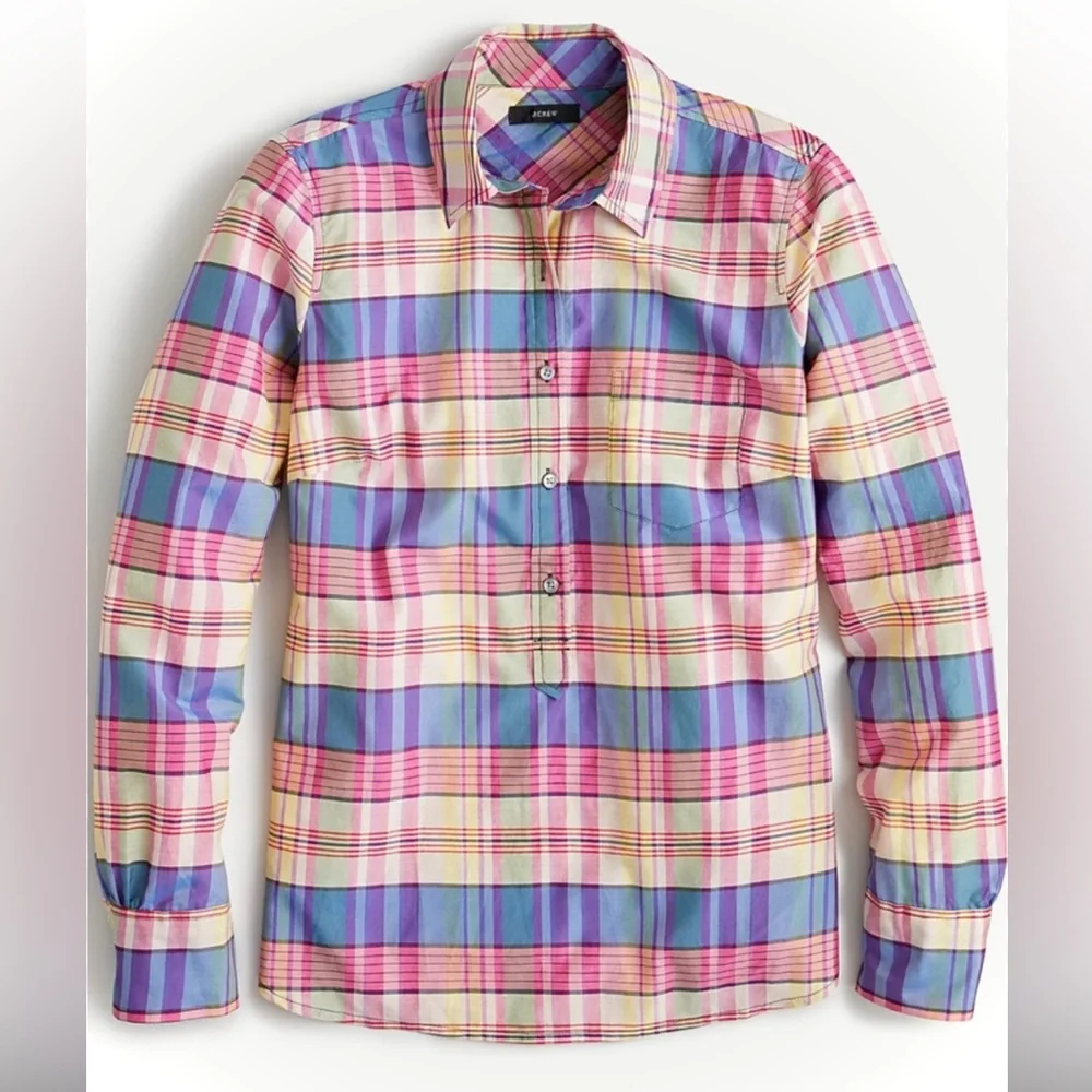 J.Crew Classic Popover Shirt Plaid Cotton Silk NWT